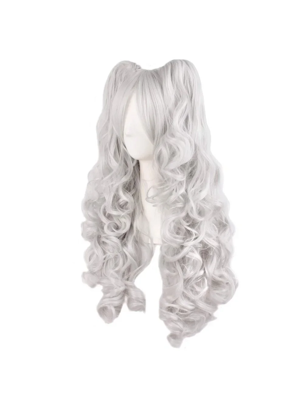 Women's Silver Grey 28 Inch Lolita Long Curly 2 Ponytails Clip On Cosplay Wigs